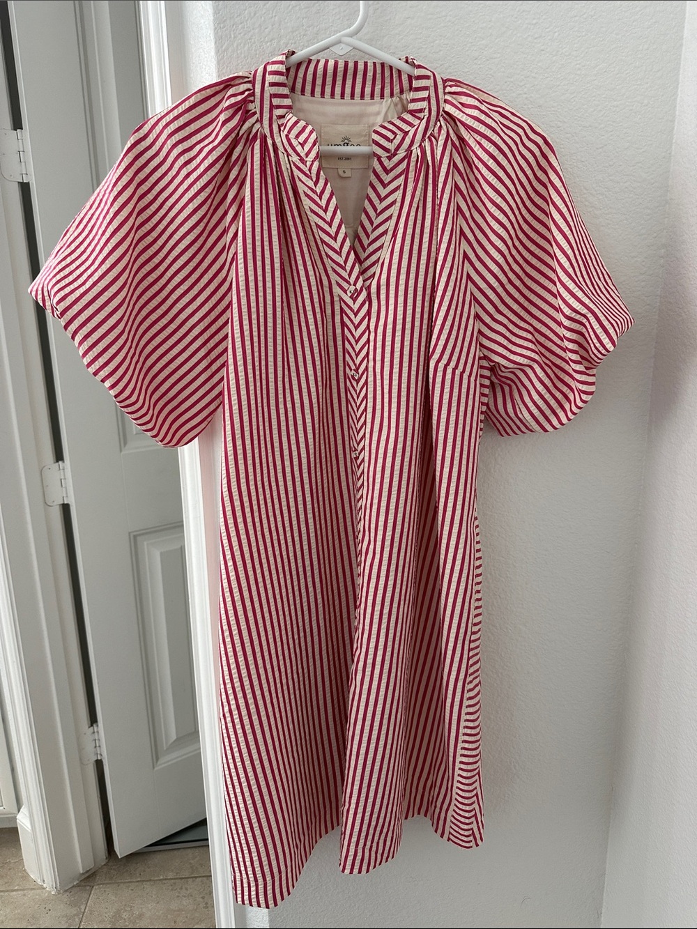 UMGEE Pink and White Striped Puff-Sleeve Women's Dress - Picture 1 of 6